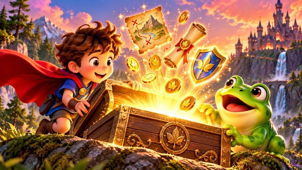 The kid and the frog open a glowing treasure box with coins, a map piece and a shield