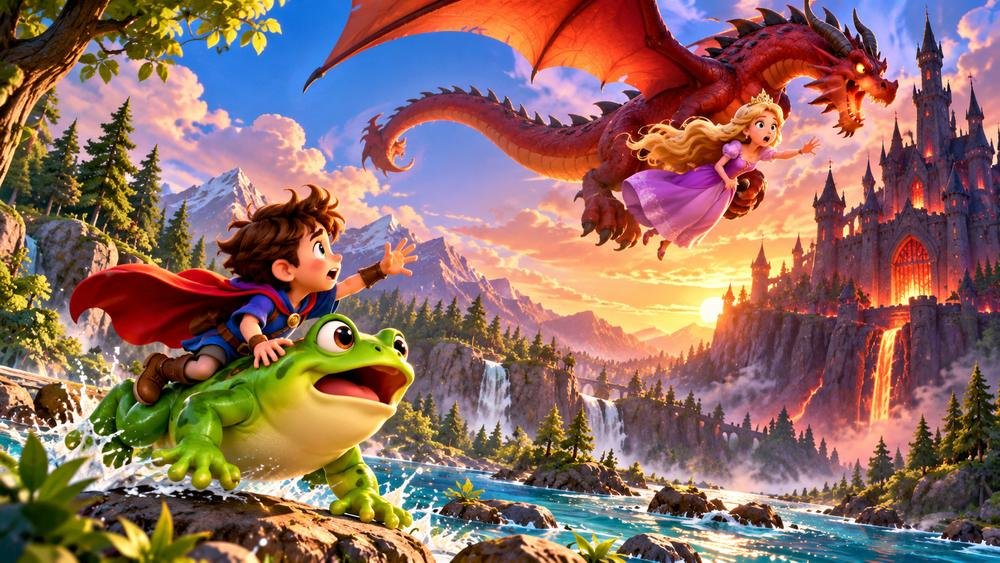The red dragon flies off with the princess while the kid and the frog chase after them