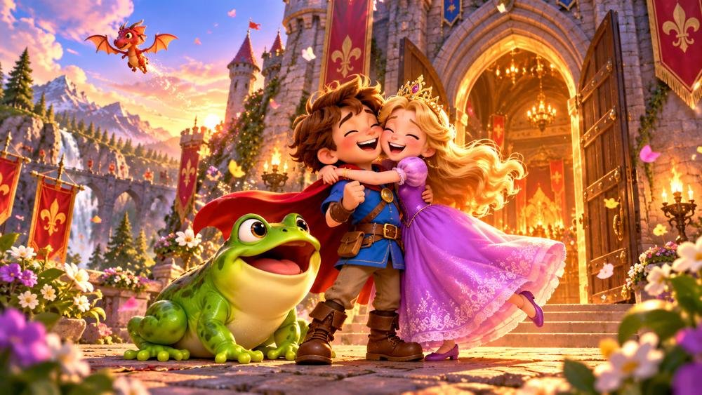 The princess hugs the kid in front of the castle while the frog cheers and a tiny dragon flies away